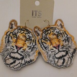 NIB BENGAL TIGER EMBROIDERED EARRINGS 2 3/4"X2" BOUTIQUE PURCHASED